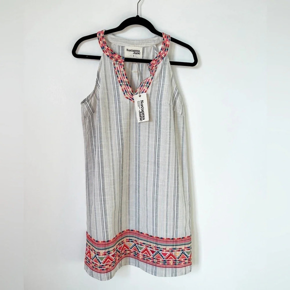 NWT Savanna Jane Gray Striped Embroidered V-neck Seeveless Dress Size Small - Picture 1 of 12